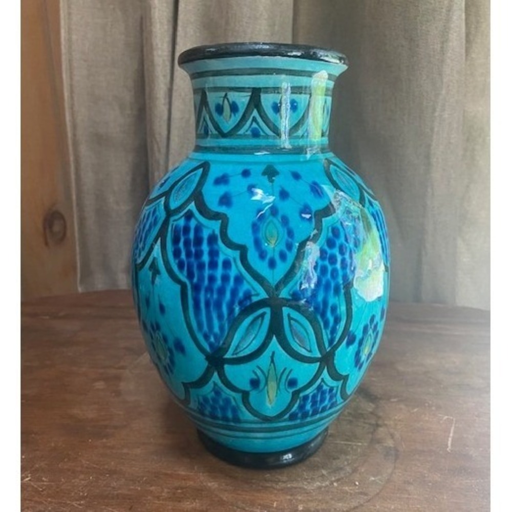Vintage Moroccan Safi Pottery Vase Turquoise Blue Hand Painted Ceramic 10 Inch
